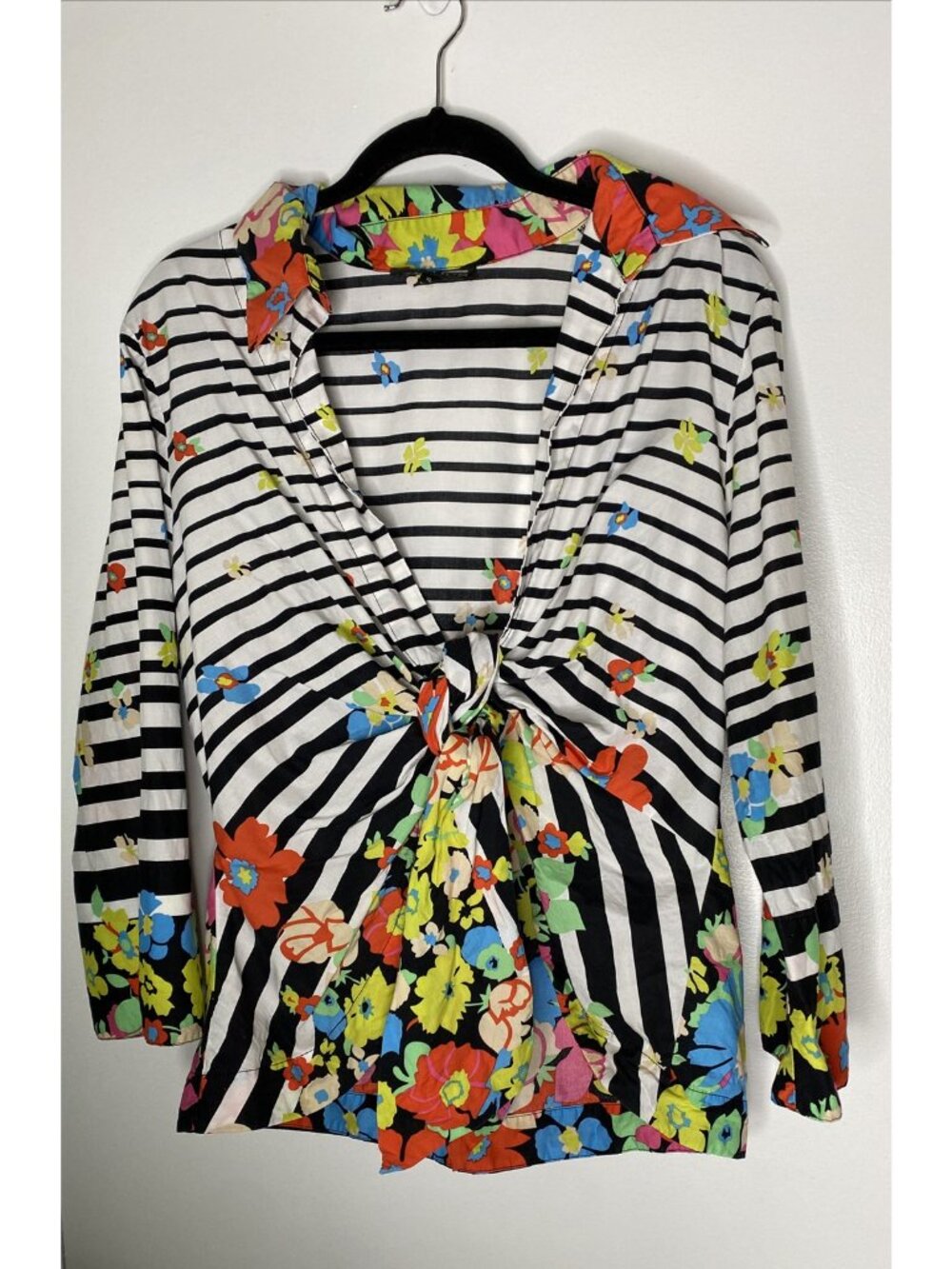 Vintage Mishca XL Striped Floral Tie Front Collared 3/4 Sleeve Blouse